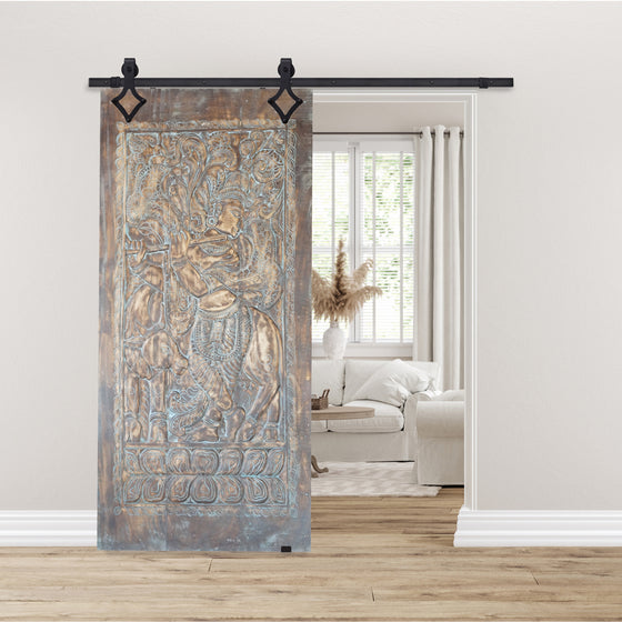 Krishna Carved Sliding Barn Door Bluewash Wall Art 84x41