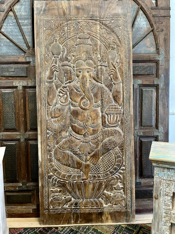 Vintage Carved Sliding Door Ganesha Wall Decor Hindu Carving Art Barn Door 96X40