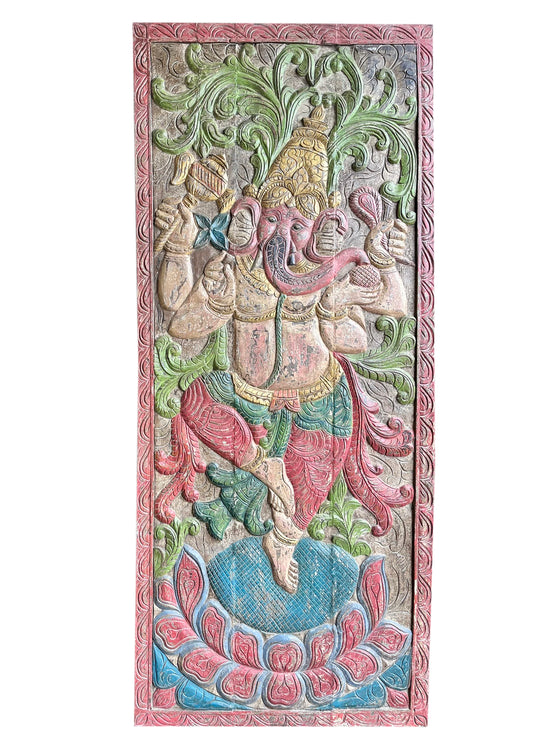 Vintage Ganesha Sliding Barn Door Colorful Carved India Wall Panel Art 84