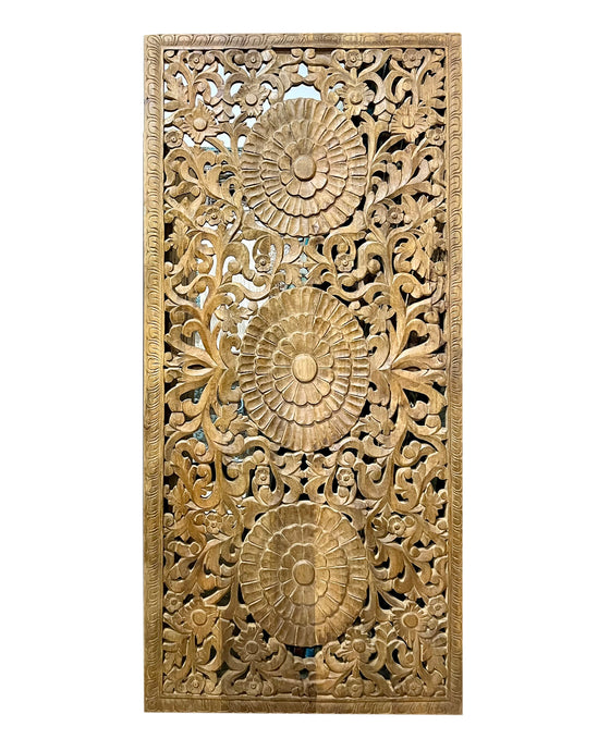 Triple Lotus Carved Lattice Wood Door Vintage Sliding Double Doors 80x36