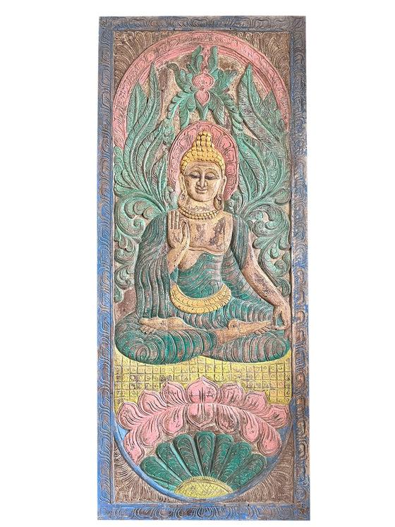 Vintage Carved Door Colorful Buddha Sliding Barn Door, Wall Art Decor