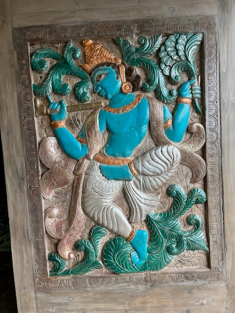 Hand Carved Krishna Sliding door, Wall Decor, Fluting Krishna Barn Door 78.5