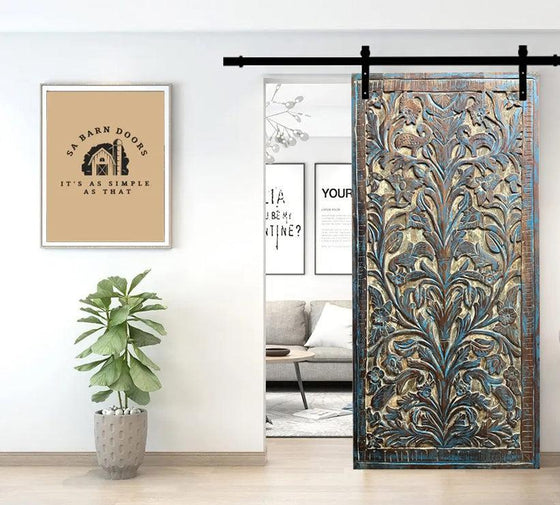 Floral Carved Wood Sliding Barndoor Bodhi Tree of Life Carved Door Wall Art 84x40