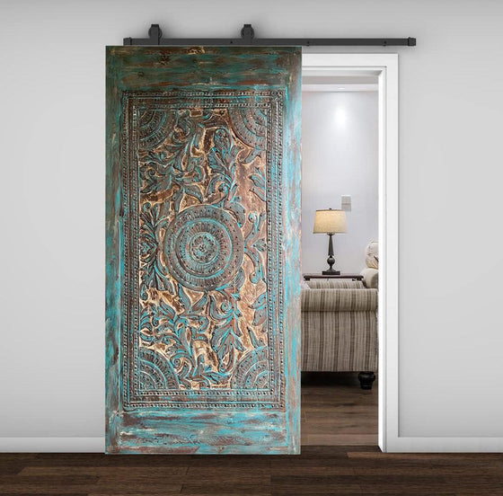 Huge Carved Wood Blue Door Brass Studs Lotus Valley Carved Sliding Barn Door 100