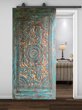 Huge Carved Wood Blue Door Brass Studs Lotus Valley Carved Sliding Barn Door 100