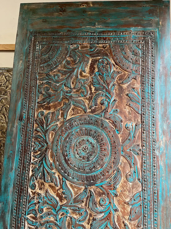 Huge Carved Wood Blue Door Brass Studs Lotus Valley Carved Sliding Barn Door 100