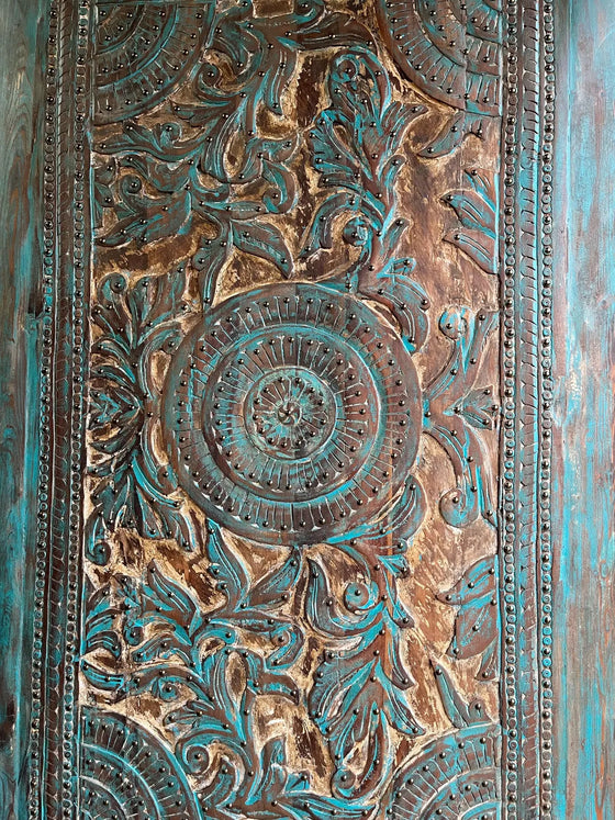 Huge Carved Wood Blue Door Brass Studs Lotus Valley Carved Sliding Barn Door 100