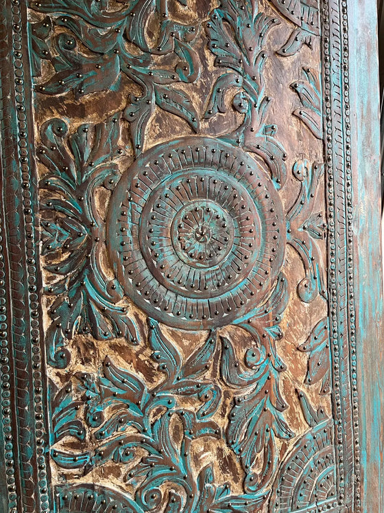 Huge Carved Wood Blue Door Brass Studs Lotus Valley Carved Sliding Barn Door 100