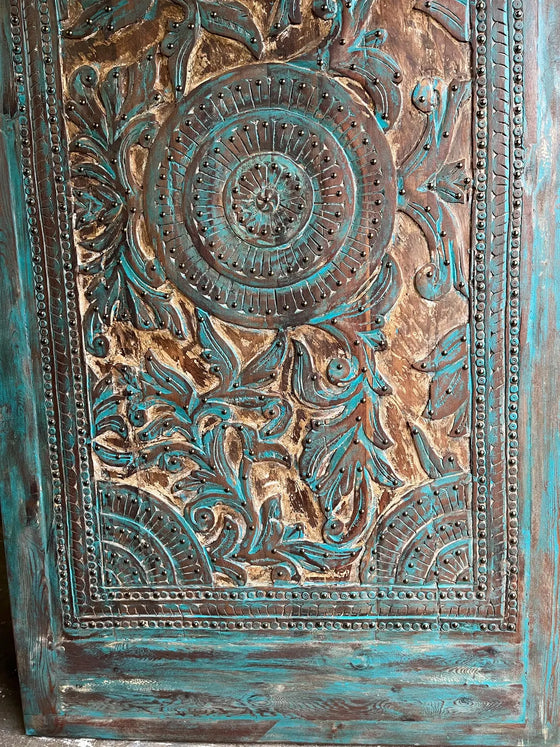 Huge Carved Wood Blue Door Brass Studs Lotus Valley Carved Sliding Barn Door 100