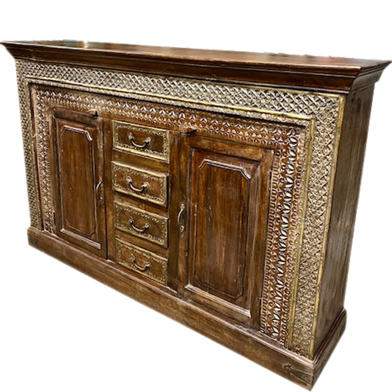 Antique Carved Sideboard TV Cabinet With Drawers Brass Accents, India 65x41