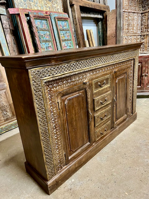 Antique Carved Sideboard TV Credenza With Drawers Buffet Brass Accents 65x41