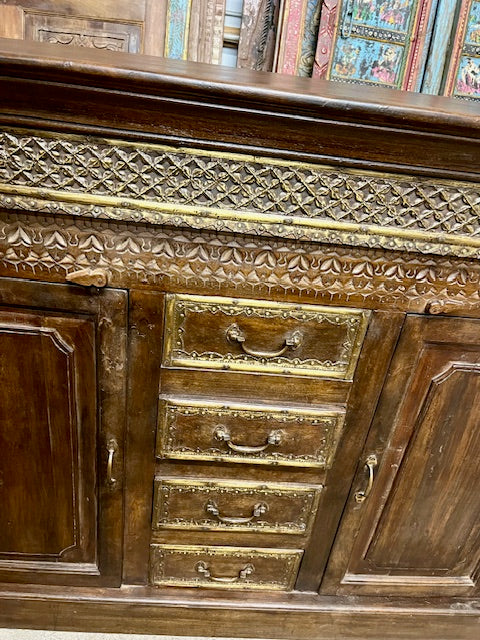 Antique Carved Sideboard TV Credenza With Drawers Buffet Brass Accents 65x41