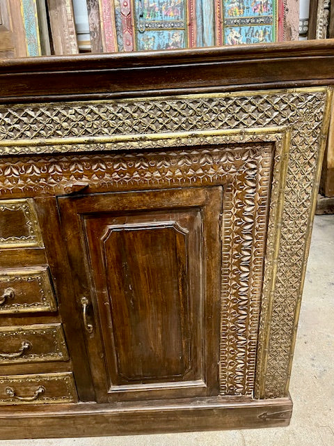 Antique Carved Sideboard TV Credenza With Drawers Buffet Brass Accents 65x41