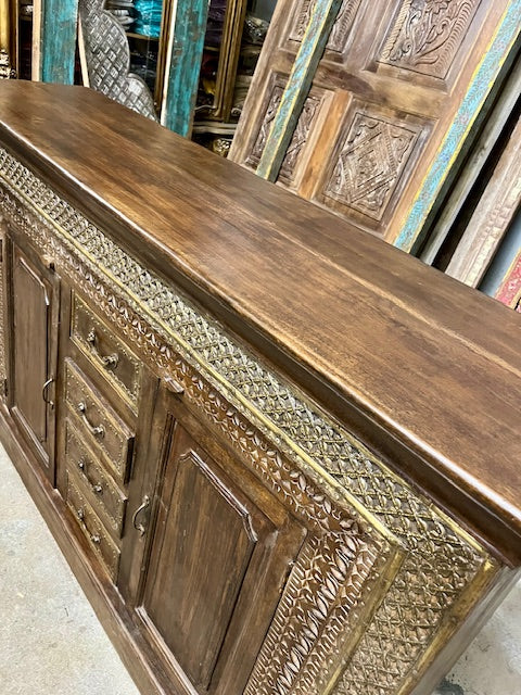 Antique Carved Sideboard TV Credenza With Drawers Buffet Brass Accents 65x41