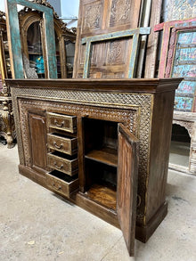  Antique Carved Sideboard TV Cabinet With Drawers Brass Accents, India 65x41