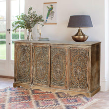  Vintage Farmhouse Sideboard Dresser with Lattice Carved Doors Brass Stud Accent