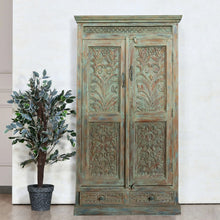  Antique Armoire Vintage Blue Floral Carved Rustic Farmhouse Wardrobe Cabinet 72