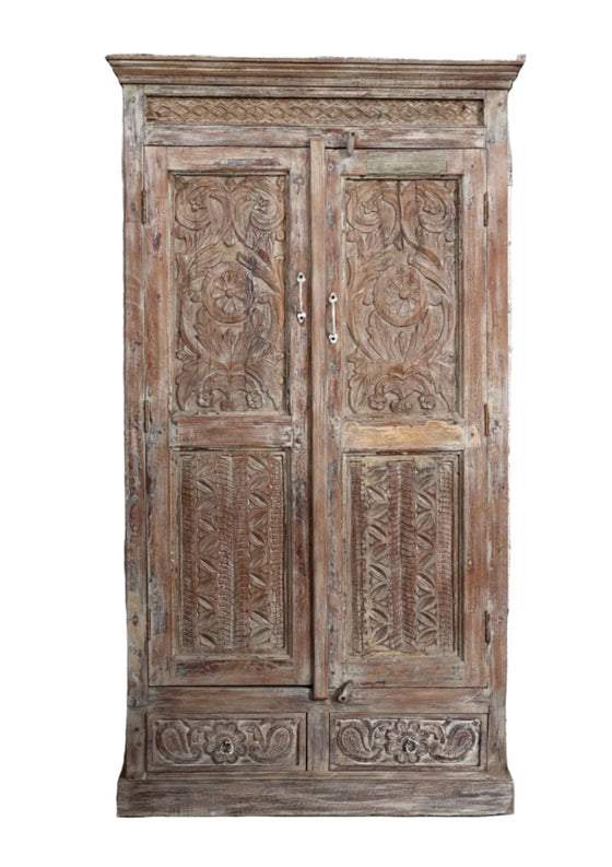 Antique Armoire Sand Wash Brass Accent Floral Carved Wardrobe Cabinet 72