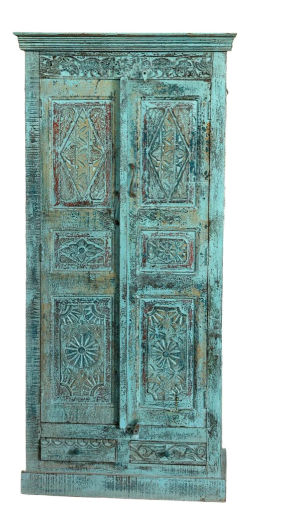 Antique Indian Armoire Blue Carved Farmhouse Cabinet with Intricate Detail 81