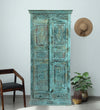 Antique Indian Armoire Blue Carved Farmhouse Cabinet with Intricate Detail 81