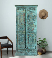  Antique Indian Armoire Blue Carved Farmhouse Cabinet with Intricate Detail 81