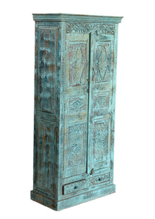  Antique Indian Armoire Blue Carved Farmhouse Cabinet with Intricate Detail 81