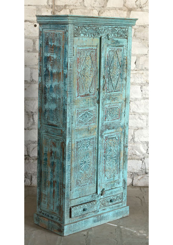 Antique Indian Armoire Blue Carved Farmhouse Cabinet with Intricate Detail 81