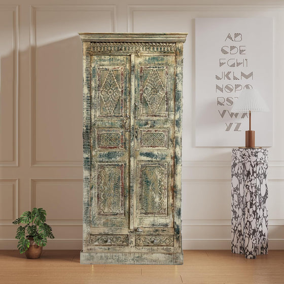 Antiqued Solid Wood Armoire Distressed Patina Rustic Wardrobe 81