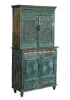 Antique Armoire Curio Cabinet Teal Blue 4 Doors Carved Wardrobe Armoire 81