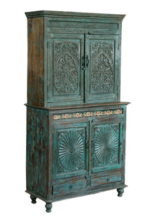  Antique Armoire Curio Cabinet Teal Blue 4 Doors Carved Wardrobe Armoire 81