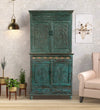 Antique Armoire Curio Cabinet Teal Blue 4 Doors Carved Wardrobe Armoire 81