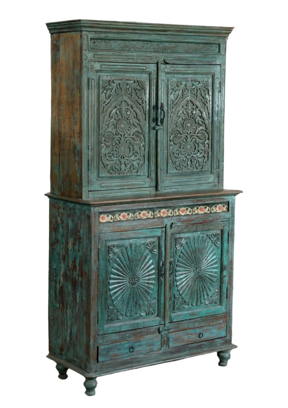 Antique Armoire Curio Cabinet Teal Blue 4 Doors Carved Wardrobe Armoire 81