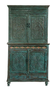 Antique Armoire Curio Cabinet Teal Blue 4 Doors Carved Wardrobe Armoire 81