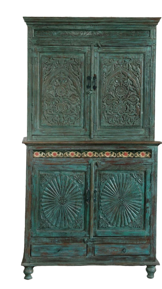 Antique Armoire Curio Cabinet Teal Blue 4 Doors Carved Wardrobe Armoire 81