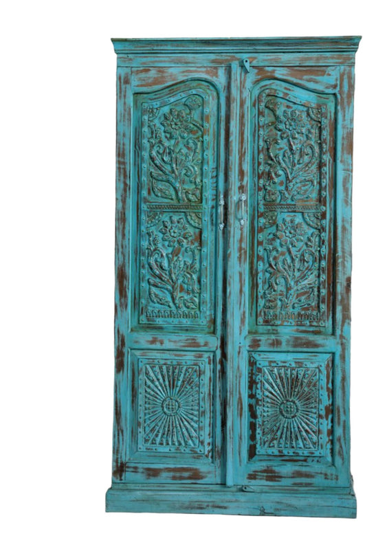 Antique Armoire Blue Floral Carved Farmhouse Cabinet Wardrobe 80