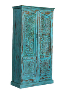  Antique Armoire Blue Floral Carved Farmhouse Cabinet Wardrobe 80