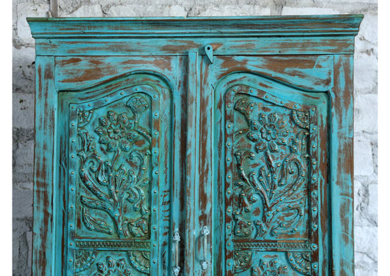 Antique Armoire Blue Floral Carved Farmhouse Cabinet Wardrobe 80