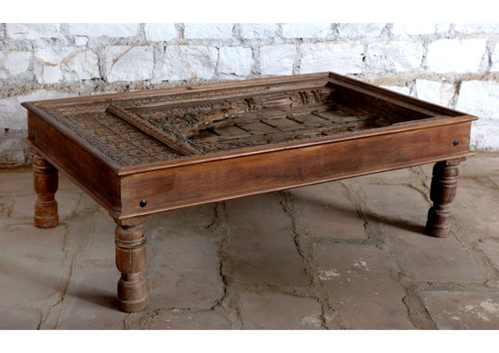 Antique Old Teak Coffee Table Wooden Hand Carved Jharokha Decorative Table