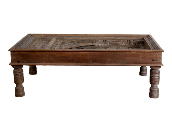 Antique Old Teak Coffee Table Wooden Hand Carved Jharokha Decorative Table