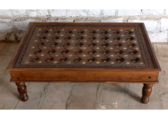 Antique Farmhouse Coffee Table With Brass Floral Accents Chai Table 54