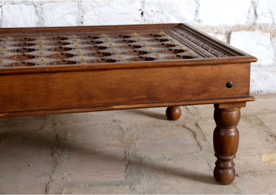 Antique Wooden Coffee Table Brass Floral Mid Century Large Chai Table 54