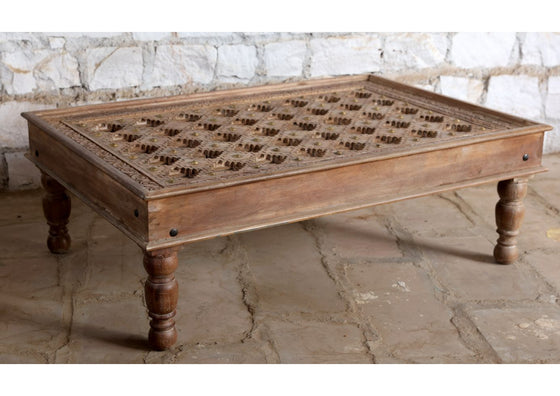 Hand-Carved Antique Farmhouse Coffee Table with Brass Floral Accents Chai Table 54