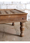 Hand-Carved Antique Farmhouse Coffee Table with Brass Floral Accents Chai Table 54