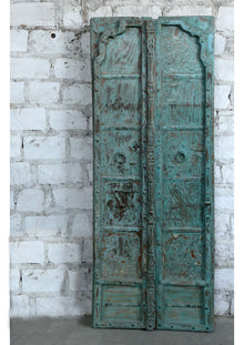  Vintage Indian Teak Double Door Rustic Blue Exterior Antique Entryway 82