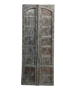  Arched Antique Teak Exterior Door with Rustic White Distressed Carvings 82