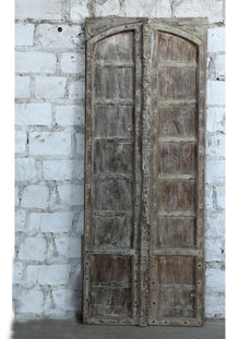  Arched Antique Teak Exterior Door with Rustic White Distressed Carvings 82