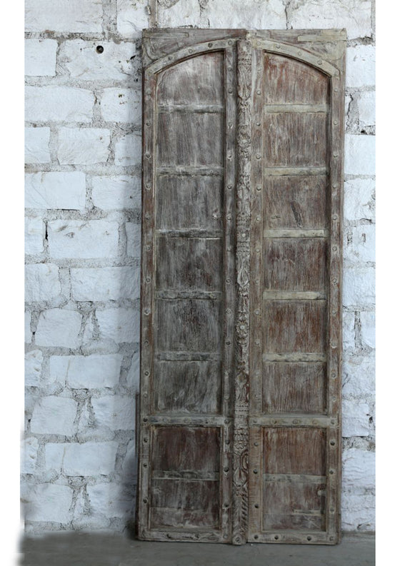 Arched Antique Teak Exterior Door with Rustic White Distressed Carvings 82