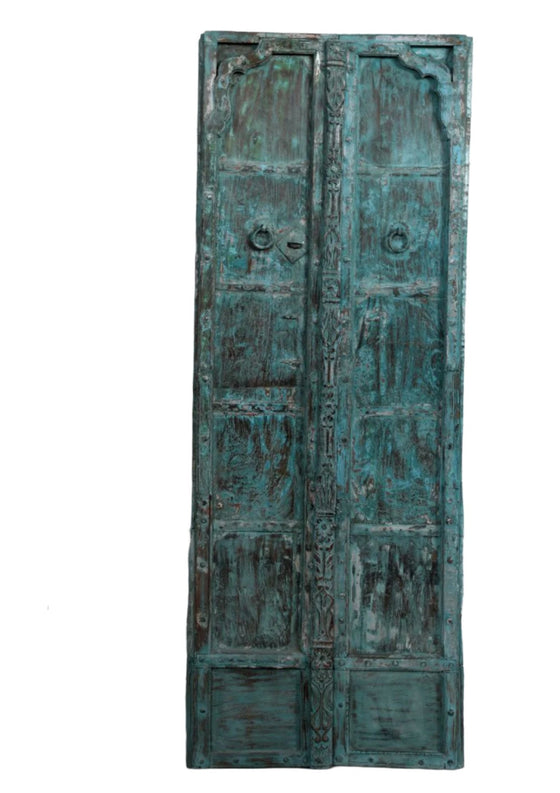 Rustic Antique Teak Wood Exterior Haveli Doors Blue wash Heavy Old Indian Doors 84