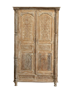  Antique Wardrobe Armoire Vintage Colonial Style Carved Whitewash Cabinet