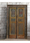 Antique Indian Door Chakra Carved Ochre Patina Exterior Teak Double Doors 85